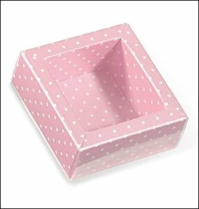 Caja de regalo rosa con topos/tapa transparente 12x12x3.2 cms. C/5 uds. Varios tamaños