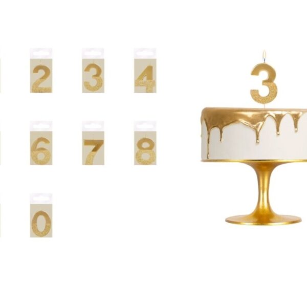 Velas de cumpleaños doradas con purpurina, en forma de números