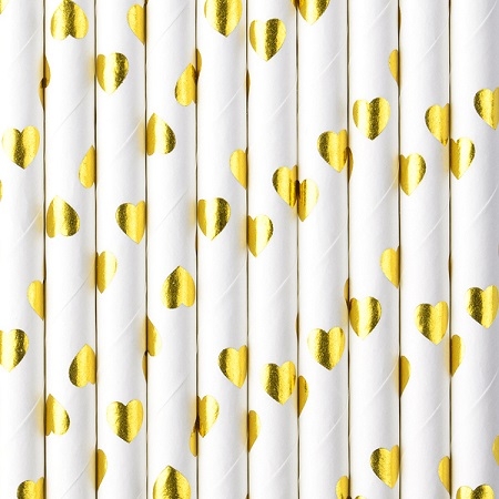 10 Pajitas de papel corazón dorado metalizado