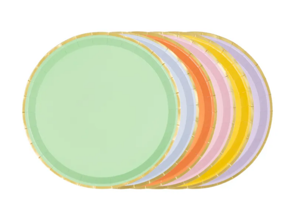 Platos-vasos-servilletas-color-mix-pastel-ribete-dorado-fiestas-gramajeshop-valencia